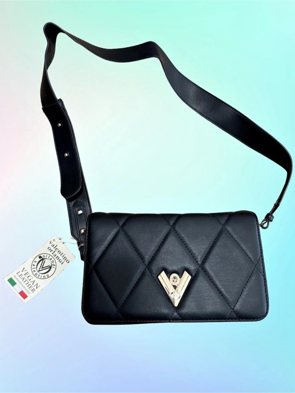 Valentino Orlandi Black Quilted Crossbody Bag V-2003 Thick Detachable Strap NWT